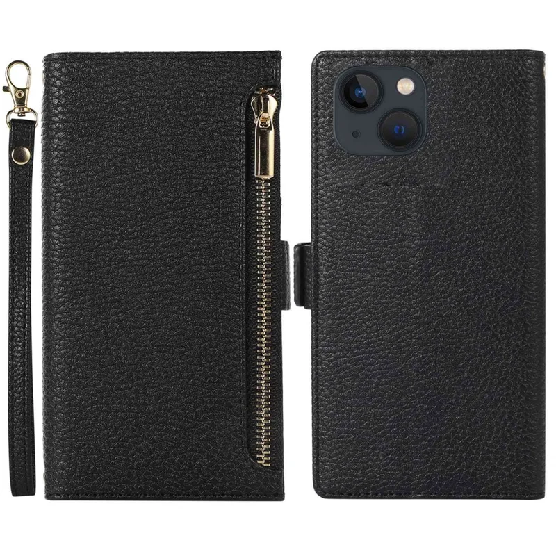 For iPhone 13 6.1 inch Zipper Pocket Design Bump Proof Litchi Texture Phone Case, PU Leather Flip Cover Wallet with Strap - Black