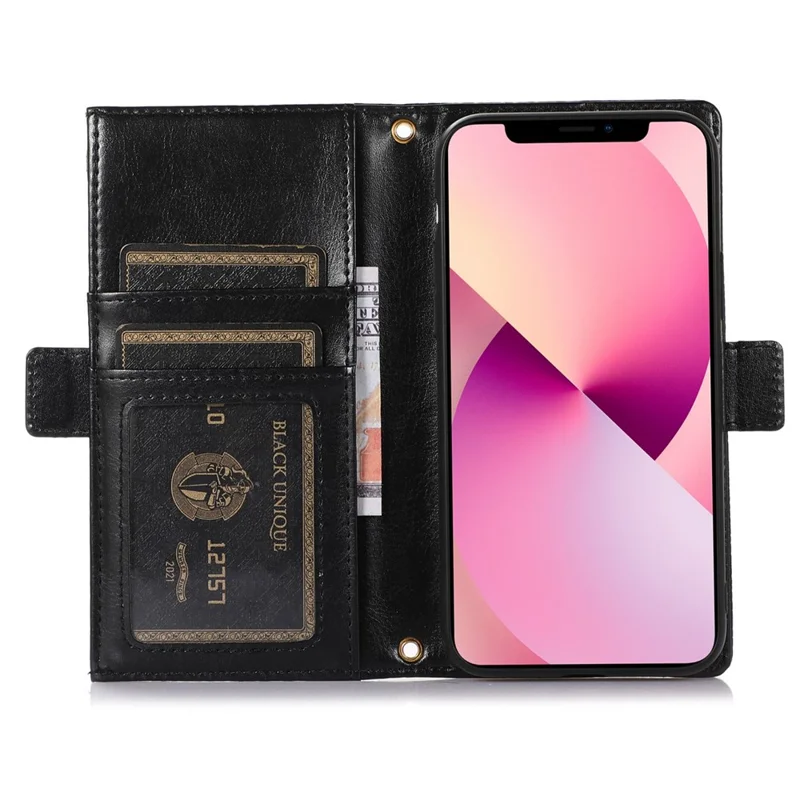 For iPhone 13 6.1 inch Zipper Pocket Design Bump Proof Litchi Texture Phone Case, PU Leather Flip Cover Wallet with Strap - Black