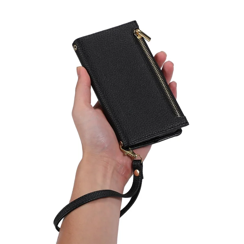 For iPhone 13 6.1 inch Zipper Pocket Design Bump Proof Litchi Texture Phone Case, PU Leather Flip Cover Wallet with Strap - Black