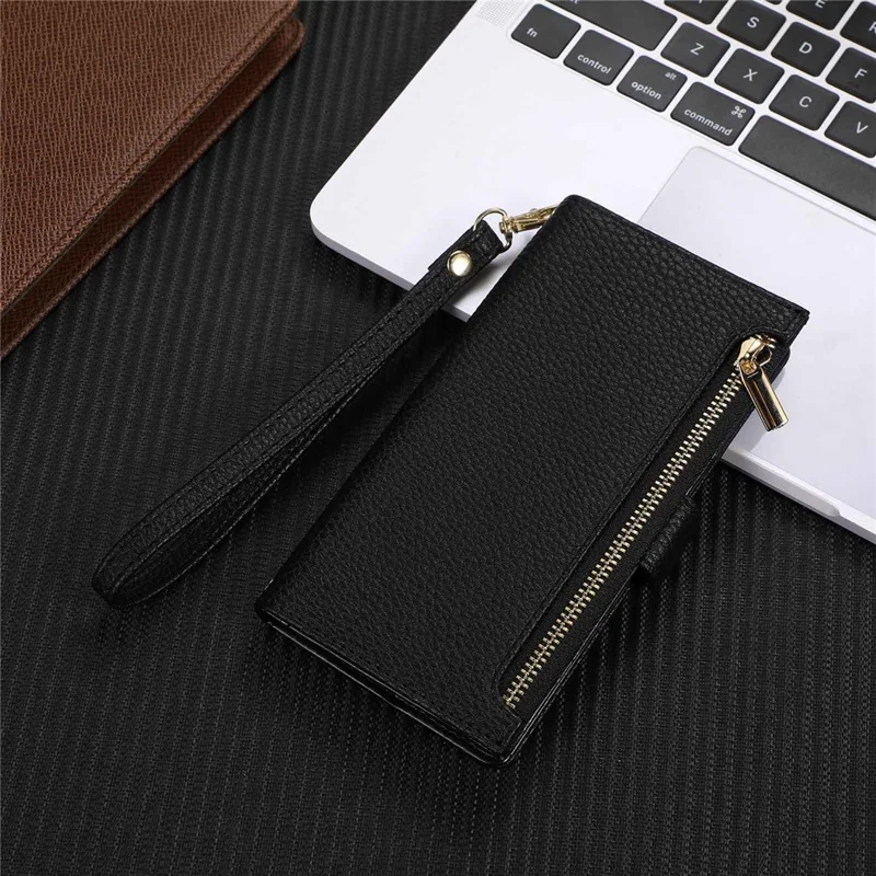 For iPhone 13 6.1 inch Zipper Pocket Design Bump Proof Litchi Texture Phone Case, PU Leather Flip Cover Wallet with Strap - Black