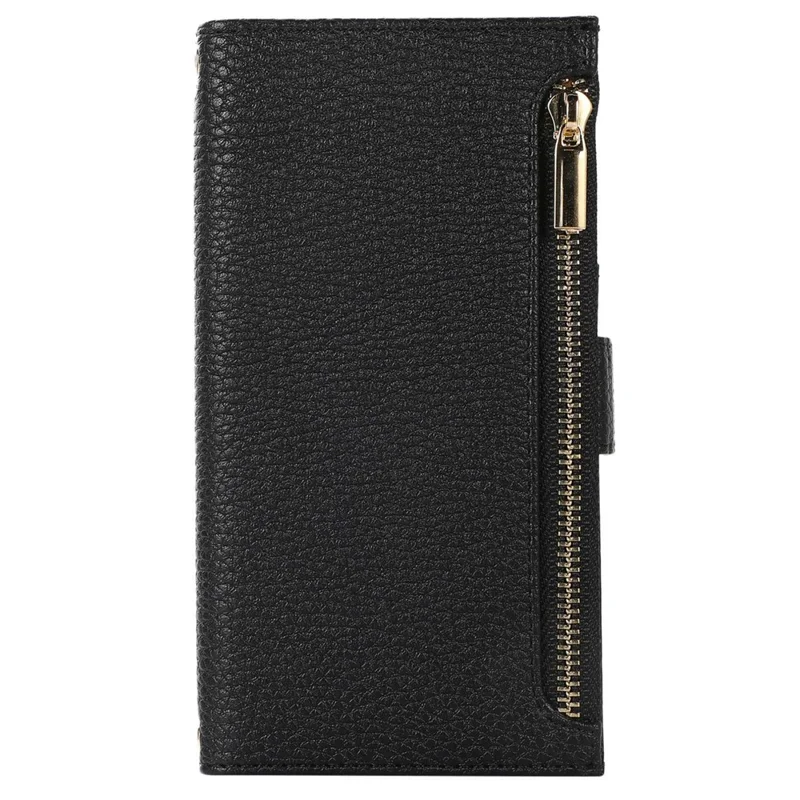 For iPhone 13 6.1 inch Zipper Pocket Design Bump Proof Litchi Texture Phone Case, PU Leather Flip Cover Wallet with Strap - Black