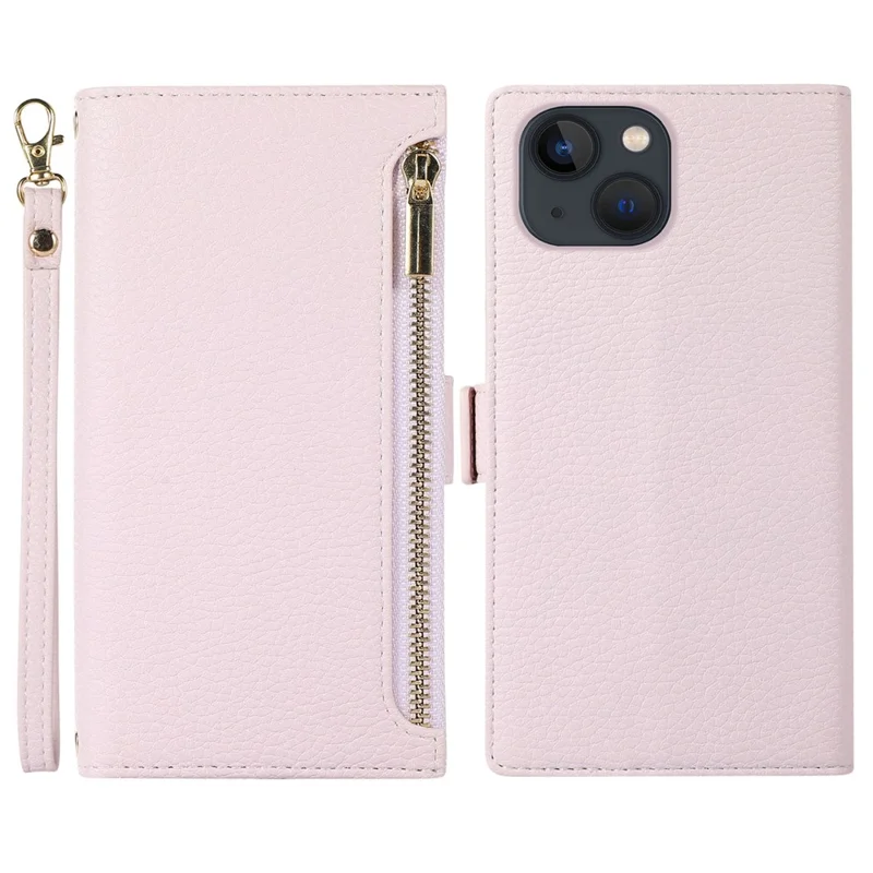 For iPhone 13 6.1 inch Zipper Pocket Design Bump Proof Litchi Texture Phone Case, PU Leather Flip Cover Wallet with Strap - Light Purple