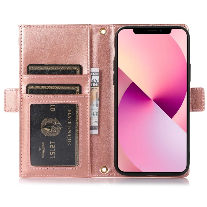 For iPhone 13 6.1 inch Zipper Pocket Design Bump Proof Litchi Texture Phone Case, PU Leather Flip Cover Wallet with Strap - Light Purple