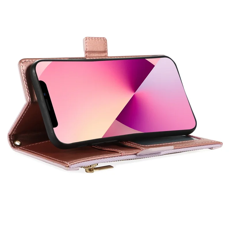 For iPhone 13 6.1 inch Zipper Pocket Design Bump Proof Litchi Texture Phone Case, PU Leather Flip Cover Wallet with Strap - Light Purple