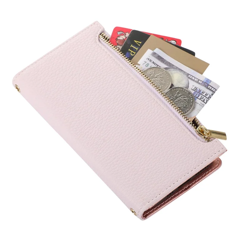 For iPhone 13 6.1 inch Zipper Pocket Design Bump Proof Litchi Texture Phone Case, PU Leather Flip Cover Wallet with Strap - Light Purple