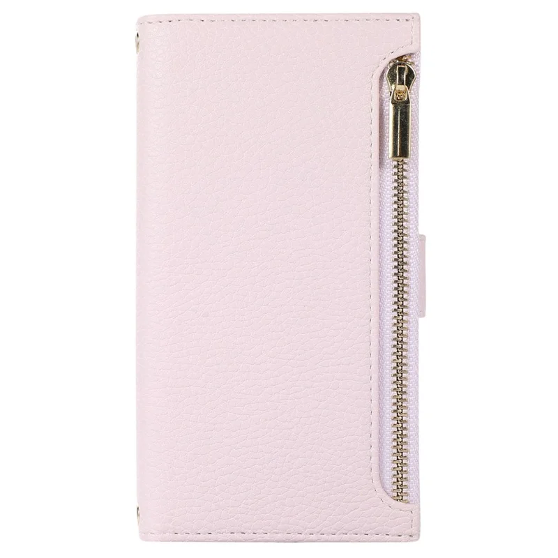 For iPhone 13 6.1 inch Zipper Pocket Design Bump Proof Litchi Texture Phone Case, PU Leather Flip Cover Wallet with Strap - Light Purple