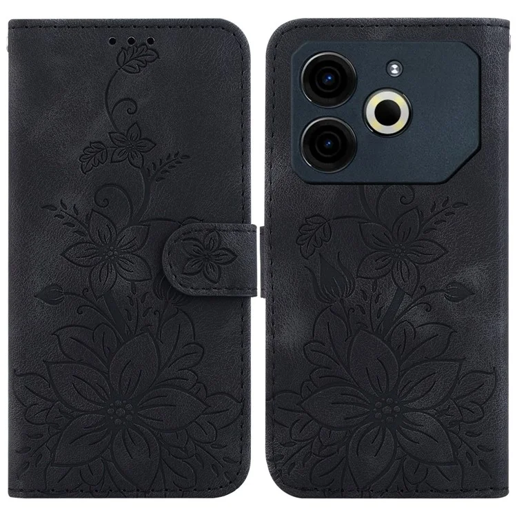 For TECNO Pova 6 Neo Case Lily Flower Imprint Leather Phone Cover with Stand - Black