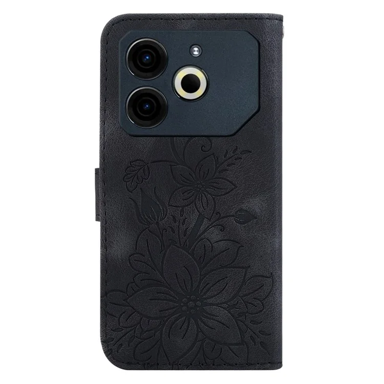For TECNO Pova 6 Neo Case Lily Flower Imprint Leather Phone Cover with Stand - Black