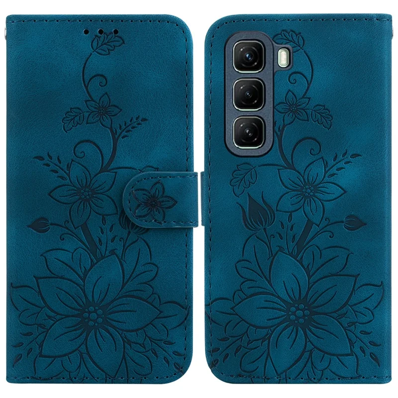 For Infinix Hot 50 4G Case Lily Flower Imprint Leather Phone Cover with Stand - Dark Blue