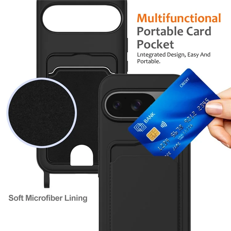 Funda para Google Pixel 9 de silicona líquida con soporte para tarjetas y cordón - Negro