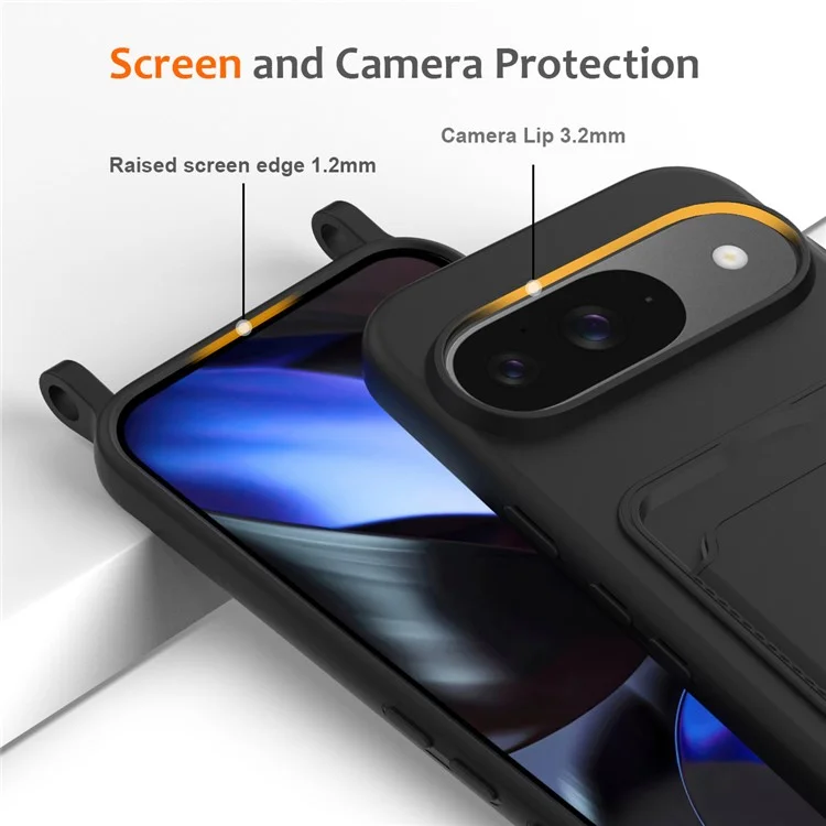 Funda para Google Pixel 9 de silicona líquida con soporte para tarjetas y cordón - Negro