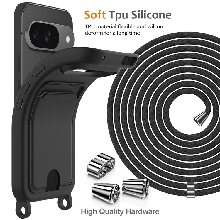 Funda para Google Pixel 9 de silicona líquida con soporte para tarjetas y cordón - Negro