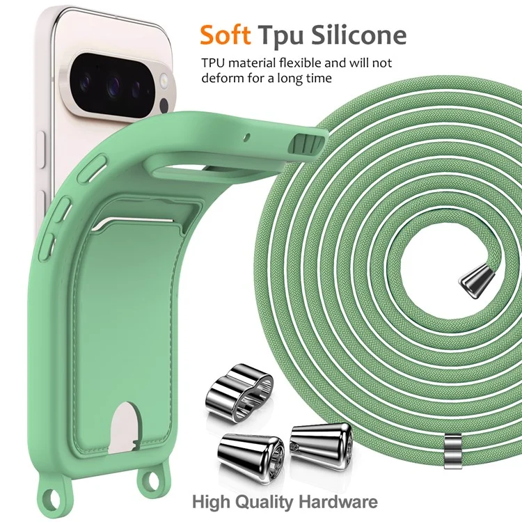 For Google Pixel 9 Pro XL Case Liquid Silicone Card Holder Phone Back Cover with Lanyard - Green