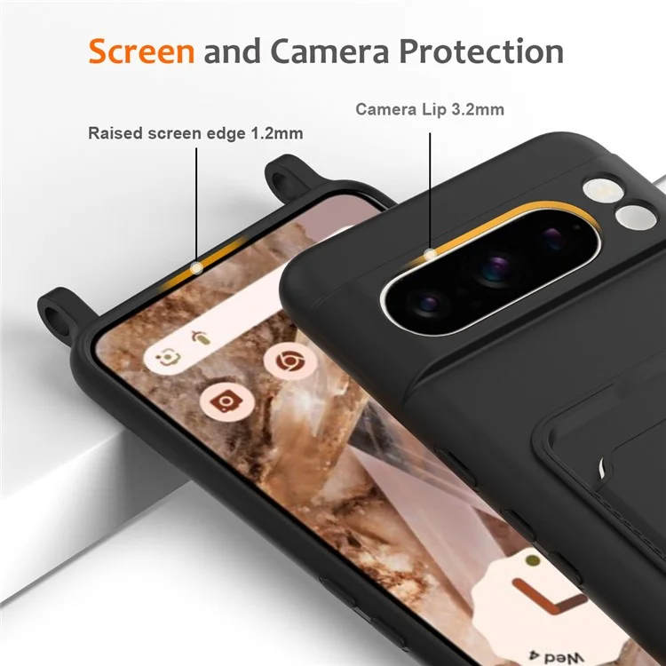Чехол с держателем для карт и шнурком из жидкого силикона для Google Pixel 8 Pro - черный