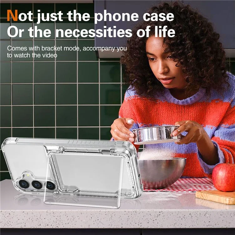 Per Samsung Galaxy S25 Clear Case PC+TPU Phone Cover Card Holder Kickstand - Trasparente
