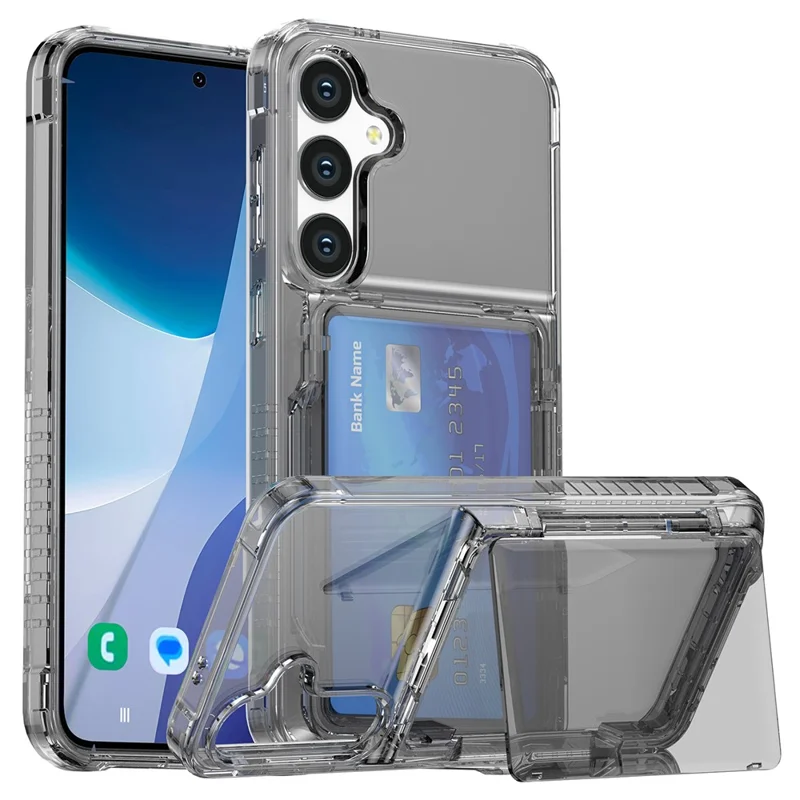 For Samsung Galaxy S25+ Clear Case PC+TPU Phone Cover Card Holder Kickstand - Transparent Black