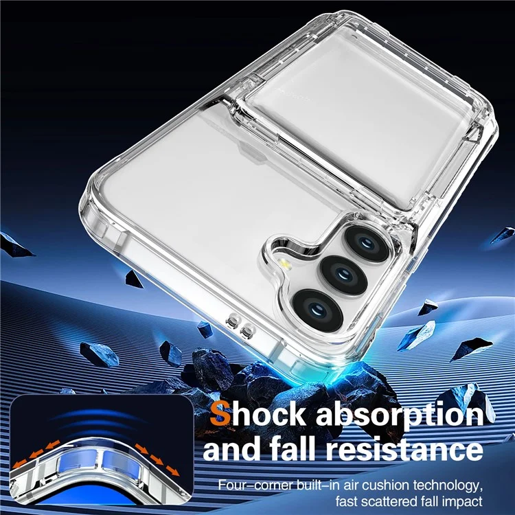 For Samsung Galaxy S25+ Clear Case PC+TPU Phone Cover Card Holder Kickstand - Transparent Black