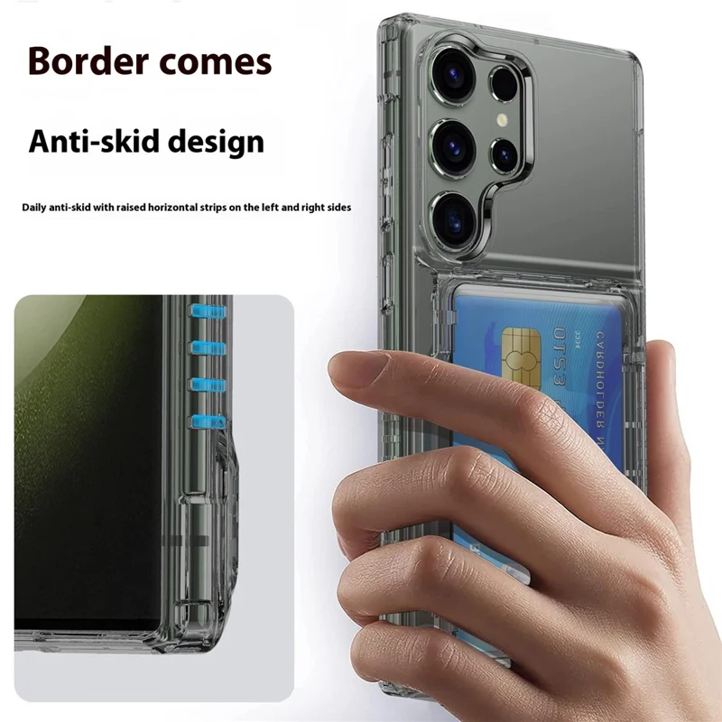 For Samsung Galaxy S25 Ultra Clear Case PC+TPU Phone Cover Card Holder Kickstand - Transparent Black