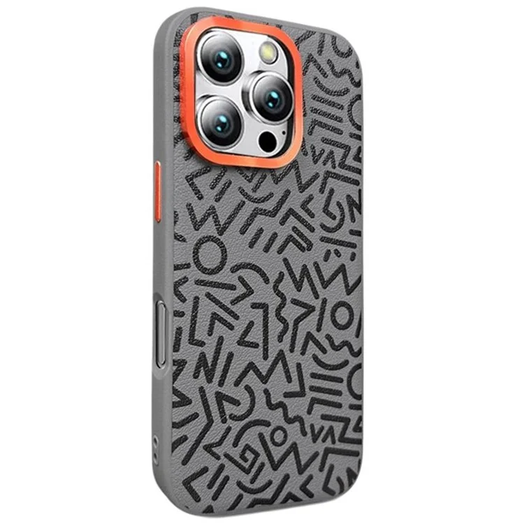 Für iPhone 16 Pro Max Case Pattern Graffiti PU+PC+TPU Handyhülle mit Metalllinsenrahmen - Grau