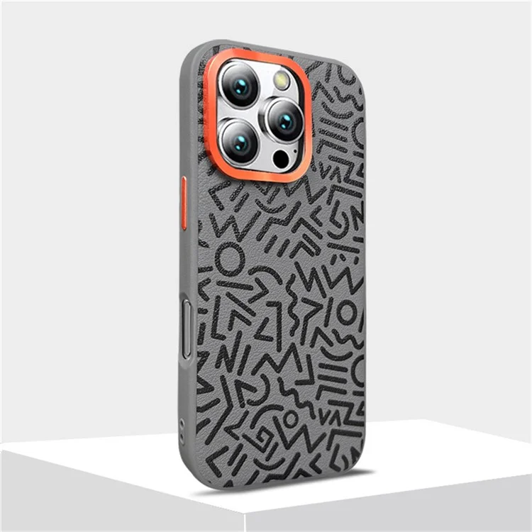 Für iPhone 16 Pro Max Case Pattern Graffiti PU+PC+TPU Handyhülle mit Metalllinsenrahmen - Grau