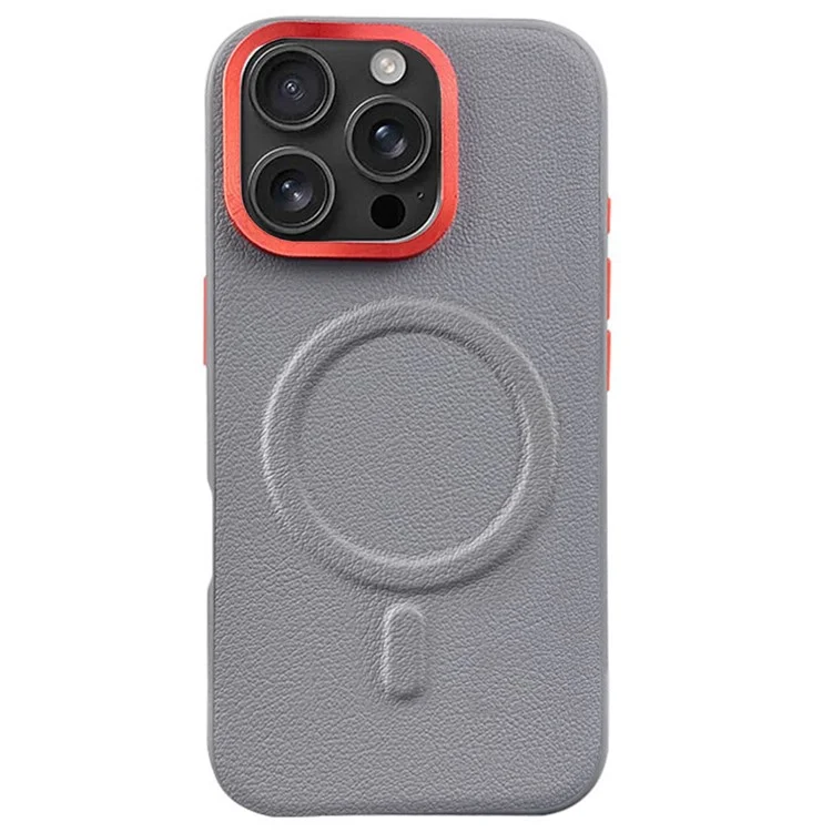 For iPhone 16 Pro Case Compatible with MagSafe PU+PC+TPU Phone Cover with Metal Lens Frame - Titanium Grey