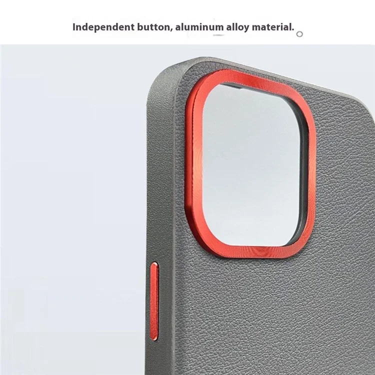 For iPhone 16 Pro Case Compatible with MagSafe PU+PC+TPU Phone Cover with Metal Lens Frame - Titanium Grey