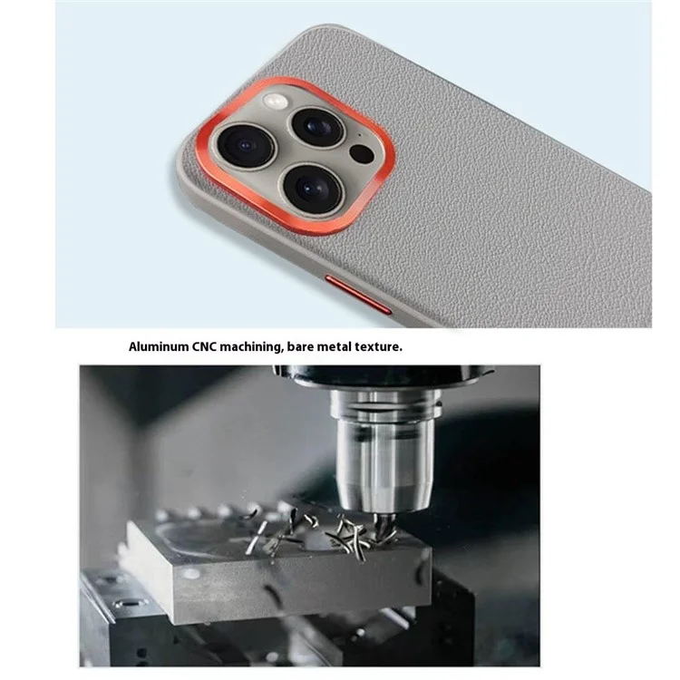 For iPhone 16 Pro Case Compatible with MagSafe PU+PC+TPU Phone Cover with Metal Lens Frame - Titanium Grey
