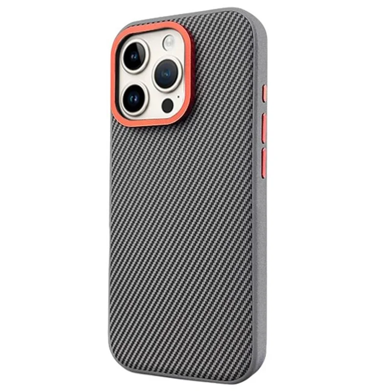 For iPhone 16 Pro Max Case Carbon Fiber Texture PU+PC+TPU Phone Cover with Metal Lens Frame - Grey