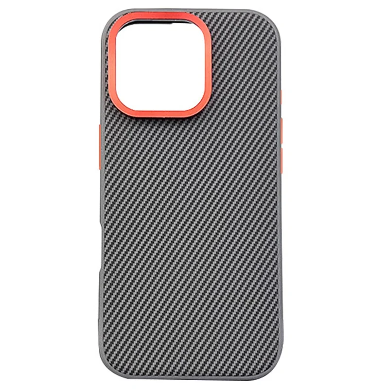 For iPhone 16 Pro Max Case Carbon Fiber Texture PU+PC+TPU Phone Cover with Metal Lens Frame - Grey