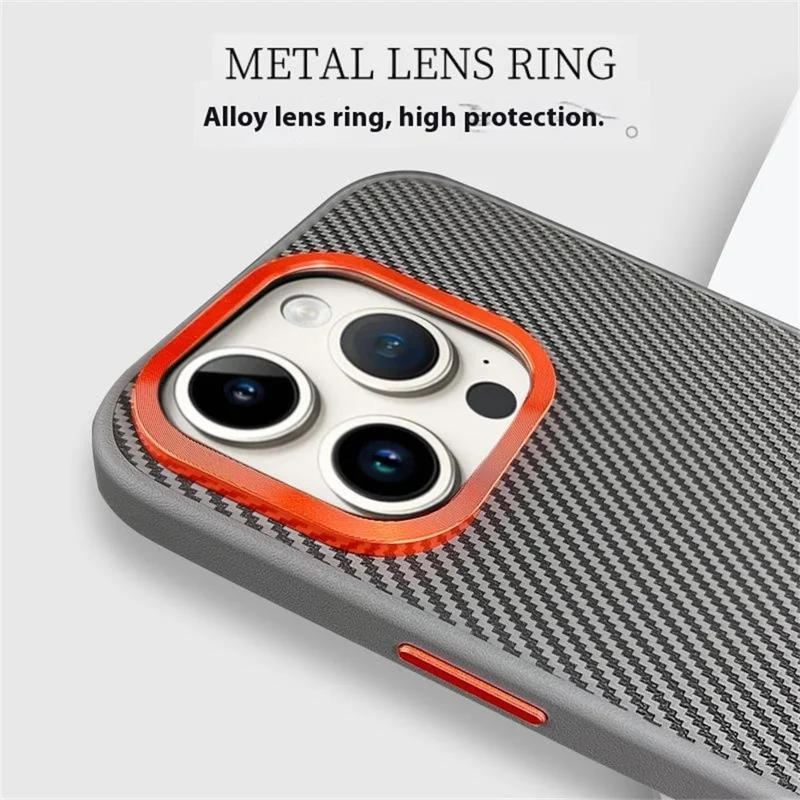 For iPhone 16 Pro Max Case Carbon Fiber Texture PU+PC+TPU Phone Cover with Metal Lens Frame - Grey