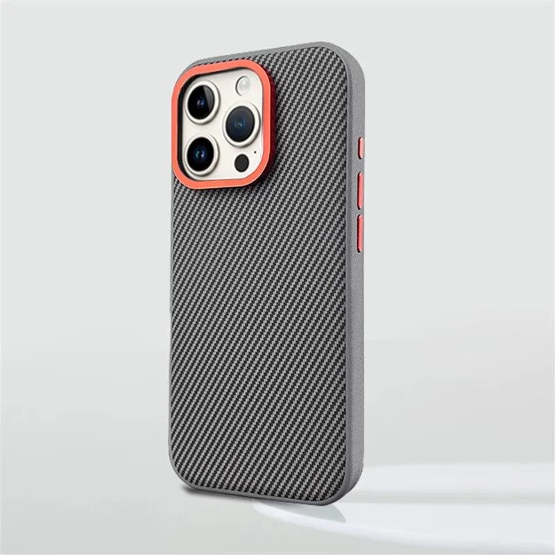 For iPhone 16 Pro Max Case Carbon Fiber Texture PU+PC+TPU Phone Cover with Metal Lens Frame - Grey