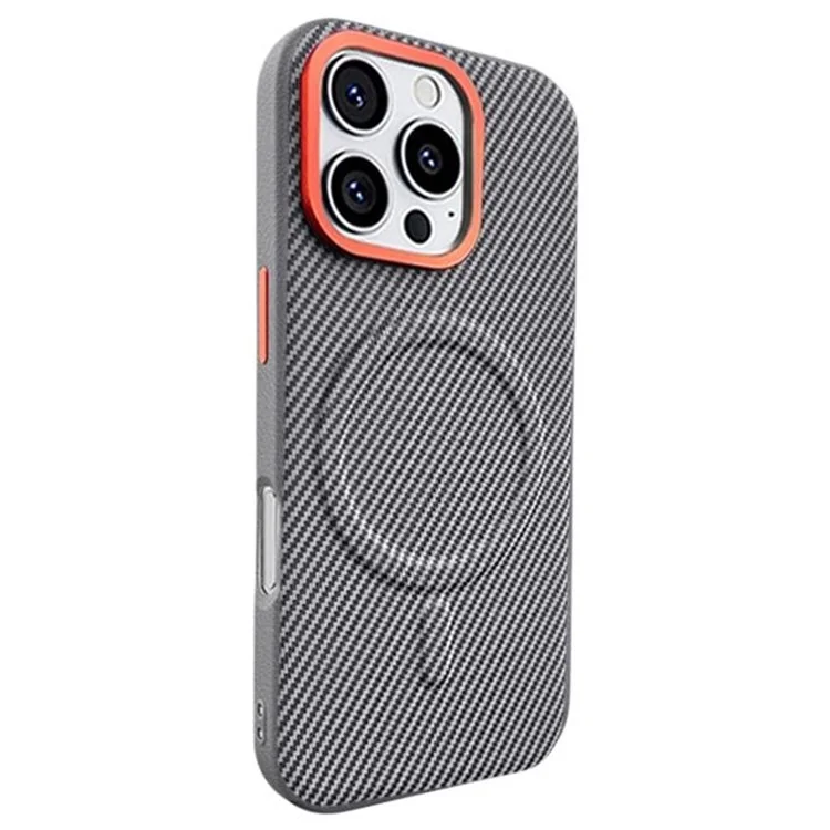 For iPhone 16 Pro Case Compatible with MagSafe Carbon Fiber Texture PU+PC+TPU Phone Cover with Metal Lens Frame - Grey
