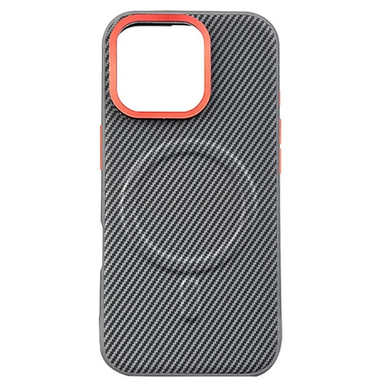 For iPhone 16 Pro Case Compatible with MagSafe Carbon Fiber Texture PU+PC+TPU Phone Cover with Metal Lens Frame - Grey