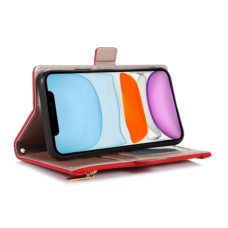 For iPhone 11 6.1 inch Zipper Pocket Design Litchi Texture Phone Case, PU Leather Flip Cover Foldable Stand Wallet with Strap - Red