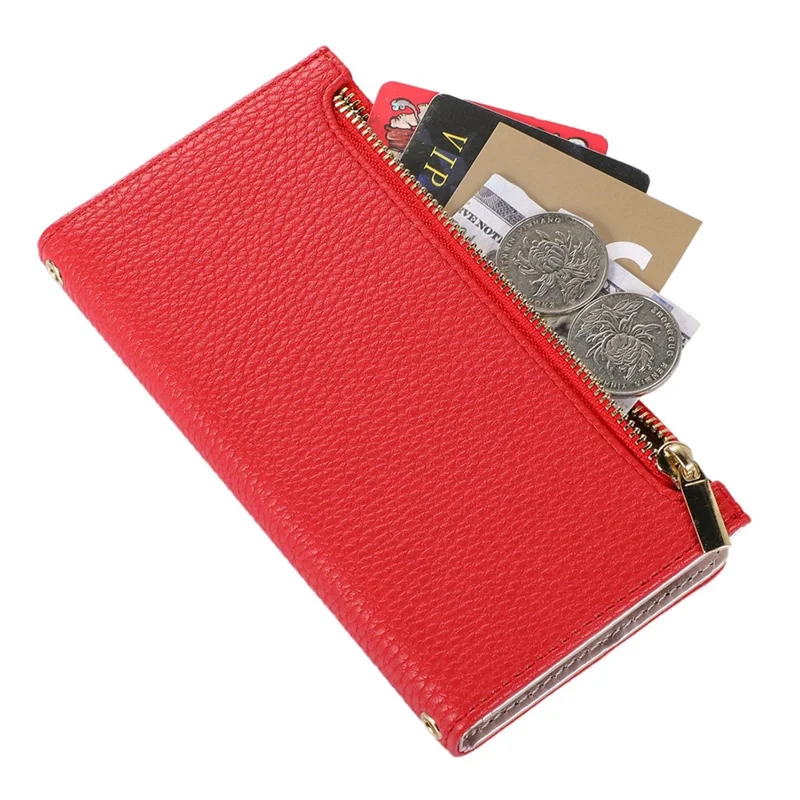 For iPhone 11 6.1 inch Zipper Pocket Design Litchi Texture Phone Case, PU Leather Flip Cover Foldable Stand Wallet with Strap - Red