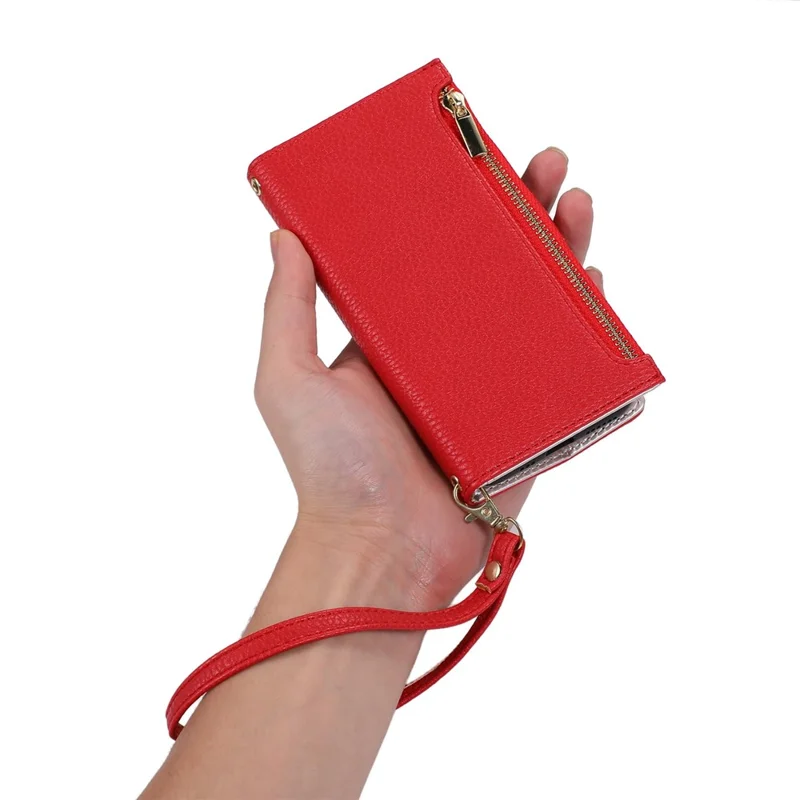 For iPhone 11 6.1 inch Zipper Pocket Design Litchi Texture Phone Case, PU Leather Flip Cover Foldable Stand Wallet with Strap - Red