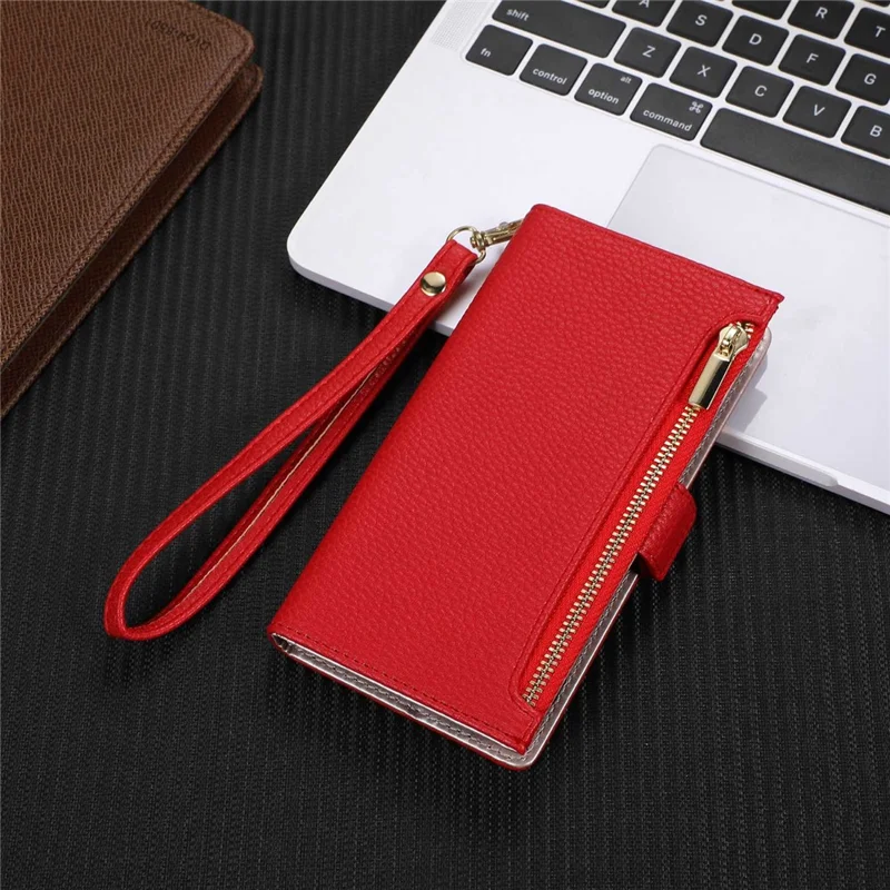 For iPhone 11 6.1 inch Zipper Pocket Design Litchi Texture Phone Case, PU Leather Flip Cover Foldable Stand Wallet with Strap - Red
