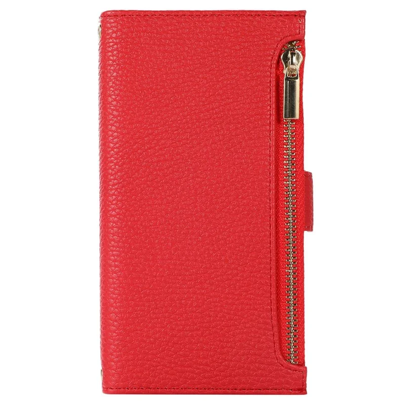 For iPhone 11 6.1 inch Zipper Pocket Design Litchi Texture Phone Case, PU Leather Flip Cover Foldable Stand Wallet with Strap - Red