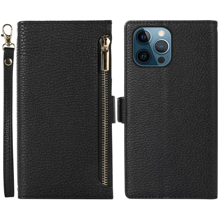 For iPhone 12 Pro Max 6.7 inch Zipper Pocket Design Litchi Texture Phone Case, PU Leather Shockproof Flip Cover Wallet with Strap - Black