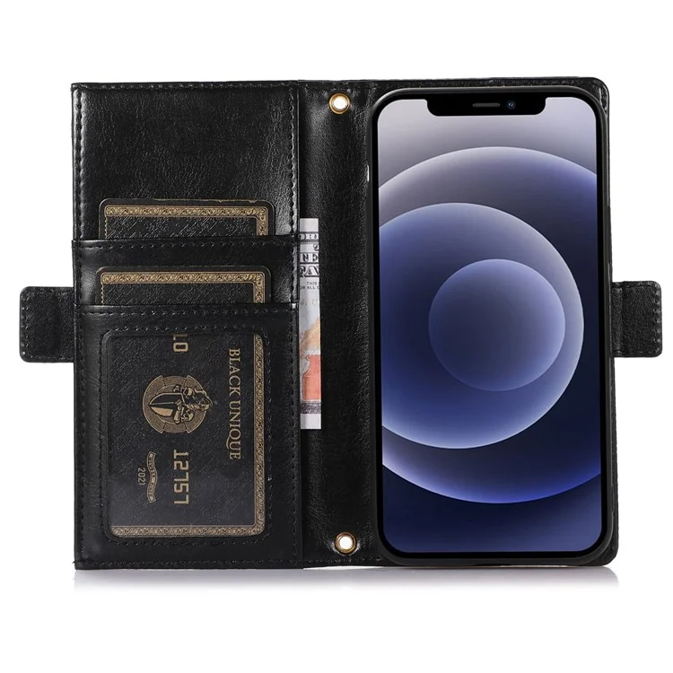 For iPhone 12 Pro Max 6.7 inch Zipper Pocket Design Litchi Texture Phone Case, PU Leather Shockproof Flip Cover Wallet with Strap - Black