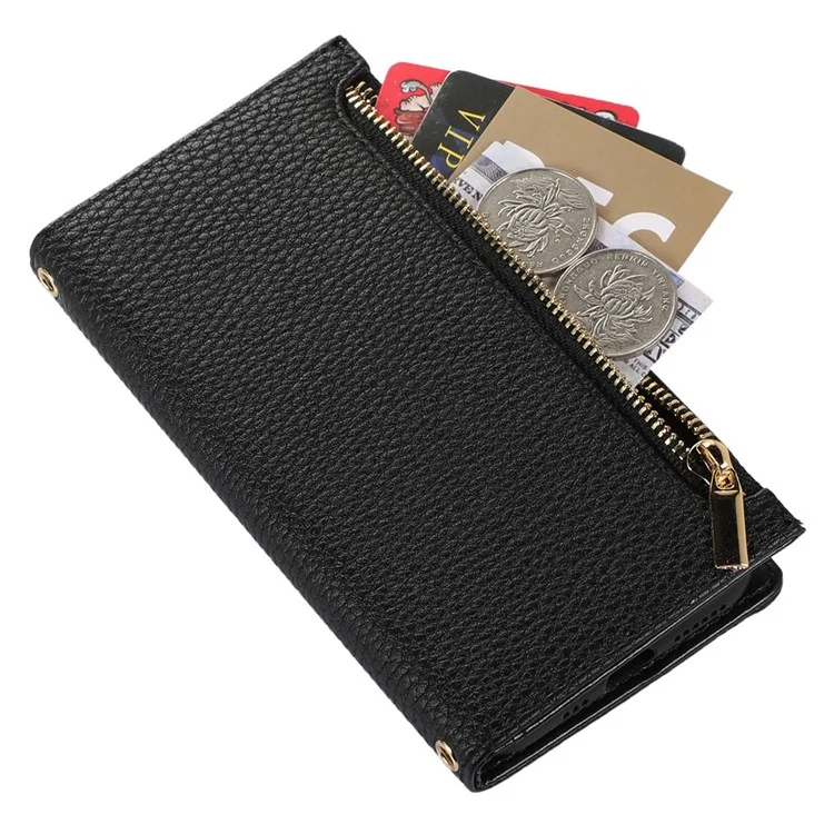 For iPhone 12 Pro Max 6.7 inch Zipper Pocket Design Litchi Texture Phone Case, PU Leather Shockproof Flip Cover Wallet with Strap - Black