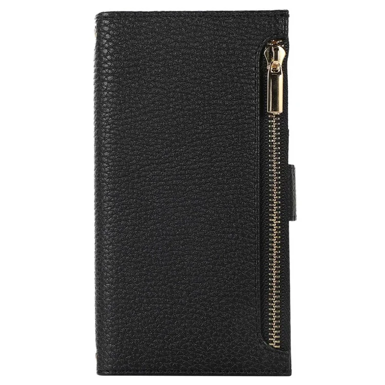 For iPhone 12 Pro Max 6.7 inch Zipper Pocket Design Litchi Texture Phone Case, PU Leather Shockproof Flip Cover Wallet with Strap - Black