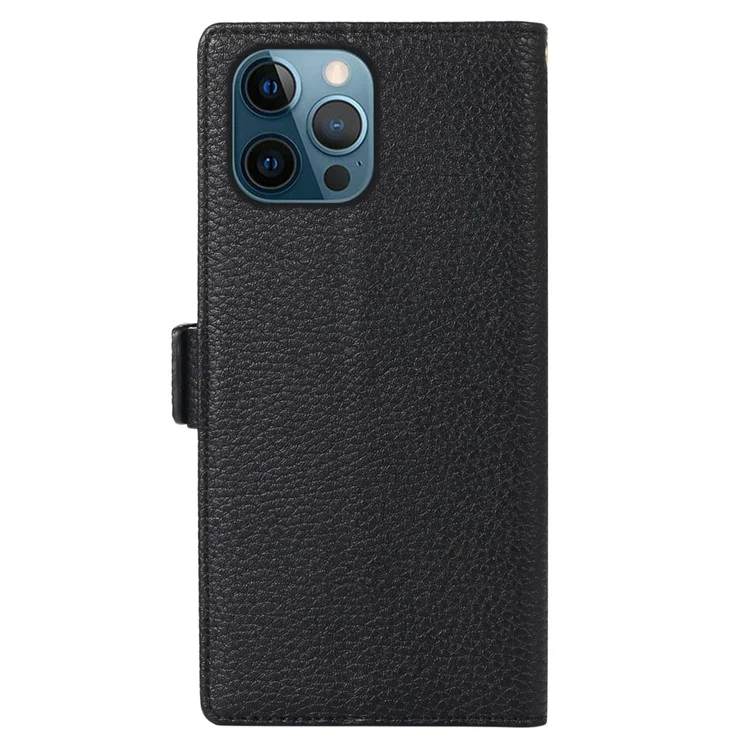 For iPhone 12 Pro Max 6.7 inch Zipper Pocket Design Litchi Texture Phone Case, PU Leather Shockproof Flip Cover Wallet with Strap - Black