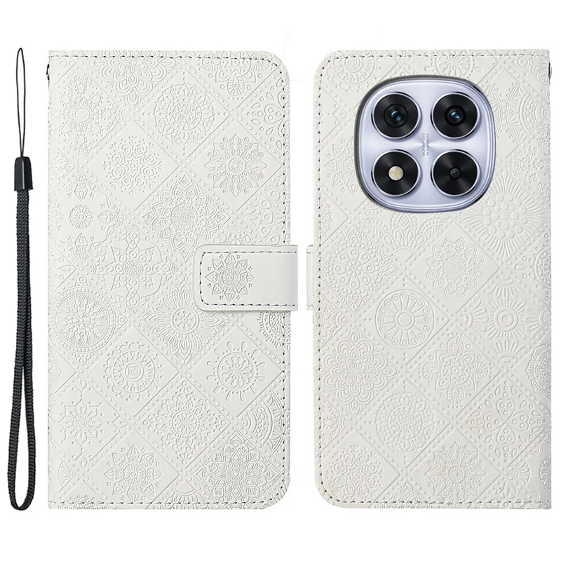 For Xiaomi Redmi Note 14 Pro+ 5G / Note 14 Pro 5G / Note 14 Pro 4G / Poco X7 5G Case Leather Case Ethnic Style Phone Wallet Cover with Strap - White