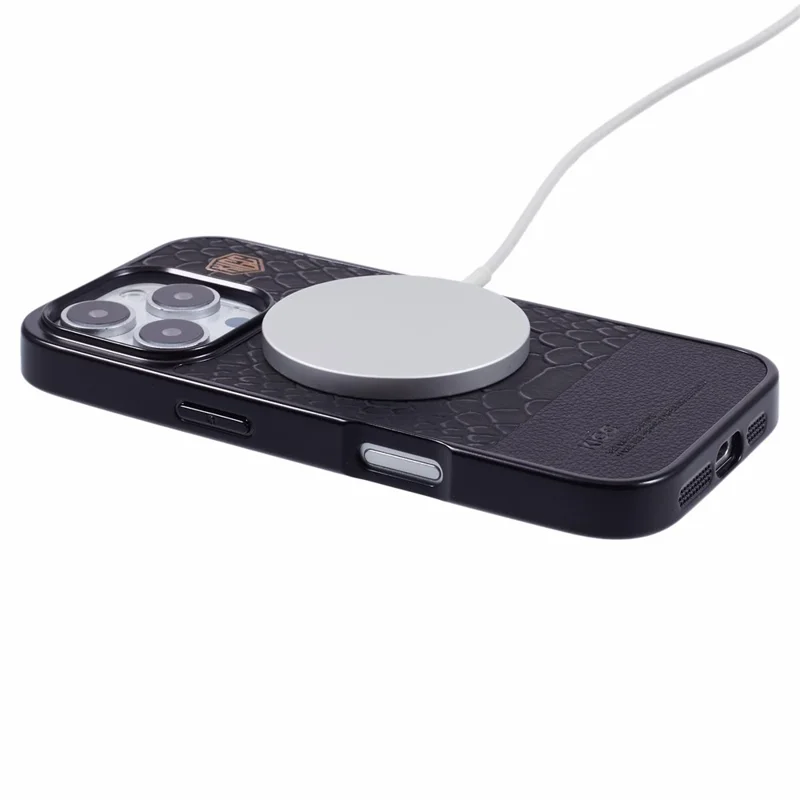 KIGC For iPhone 16 Pro Max Case Compatible with MagSafe Crocodile Texture PU+PC+TPU Electroplating Phone Cover - Black