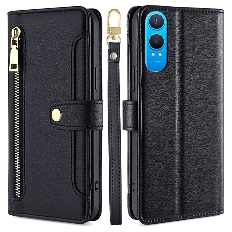 Capa de telefone transversal de couro PU com zíper e bolsa para OnePlus Nord CE4 Lite 5G / Oppo K12x 5G (China) - Preta
