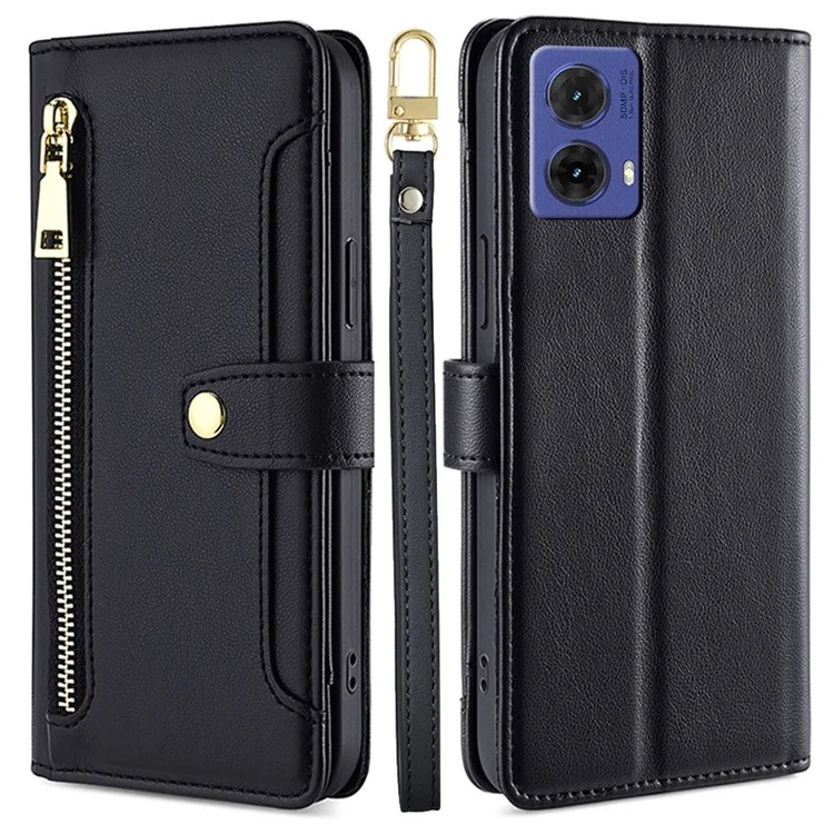 For Motorola Moto G85 5G / S50 Neo 5G Case PU Leather Crossbody Phone Cover with Zipper Pocket Wallet - Black