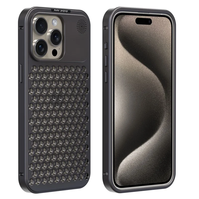 R-JUST RJ58 For iPhone 15 Pro Case Auto Pop-Up Heat Dissipation Aromatherapy Aluminium Alloy Cover - Dark Grey