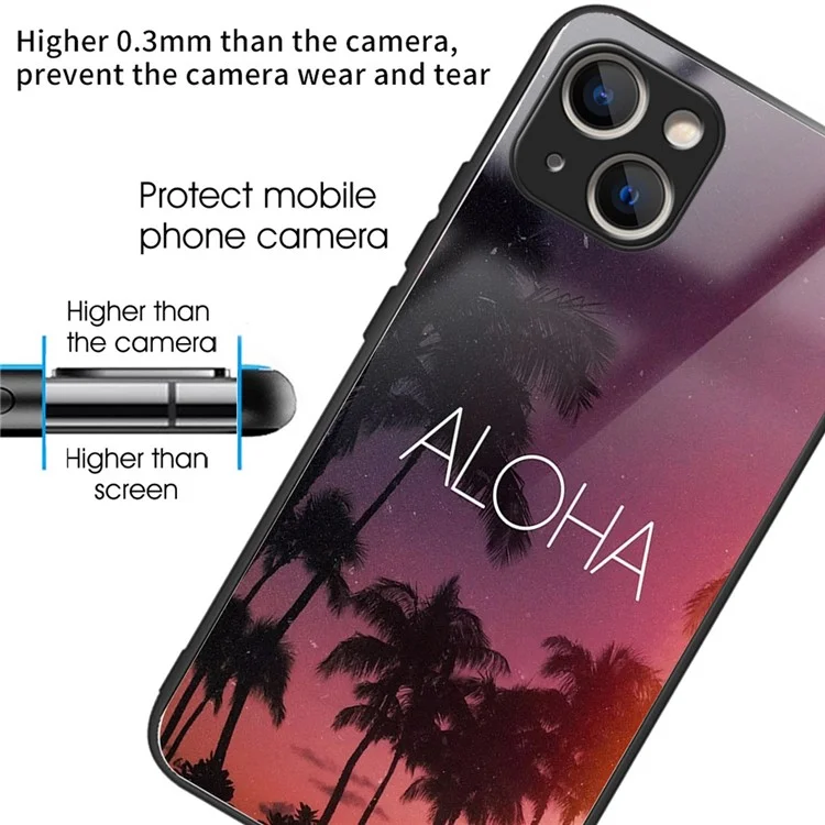 Para iPhone 14 Tempered Glass Phone Case Pattern Printing Soft TPU Frame Shock Absorption Protective Cover - ALOHA