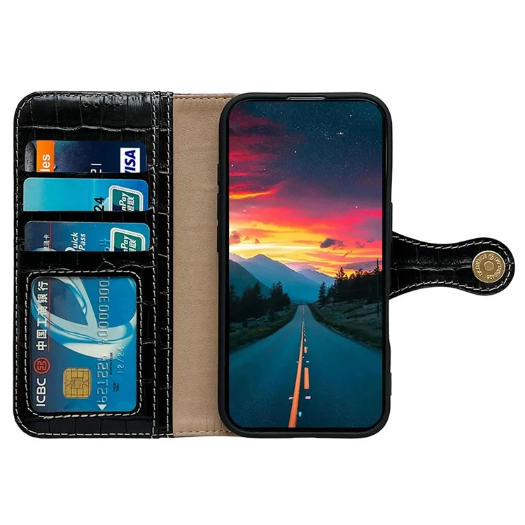 Funda para iPhone 16 con textura de cocodrilo, auténtica piel de vaca, cartera, funda para teléfono - Negro